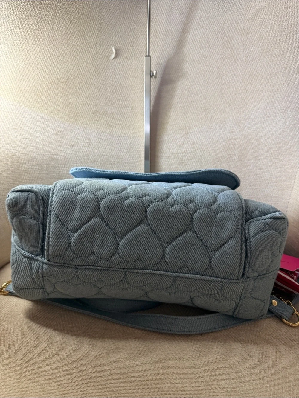 Betsey Johnson Quilted Heart Jeans Shoulder Bag in Light Blue with Bandana Charm